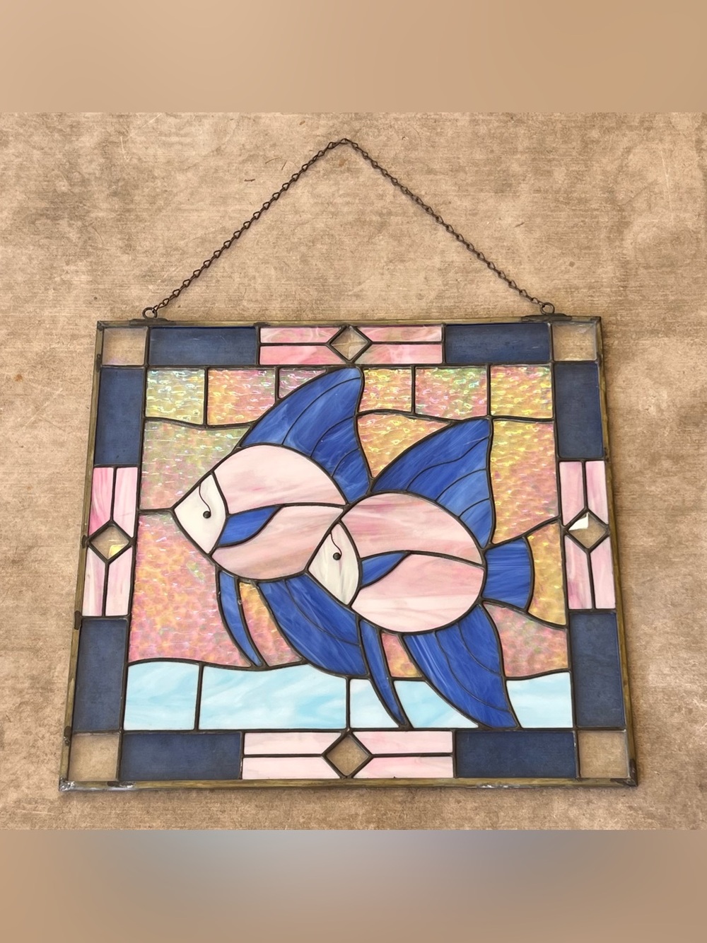 Vintage Stained Glass Window Panel Angel Fish Ocean Hanging Sun Catcher 15”x16”